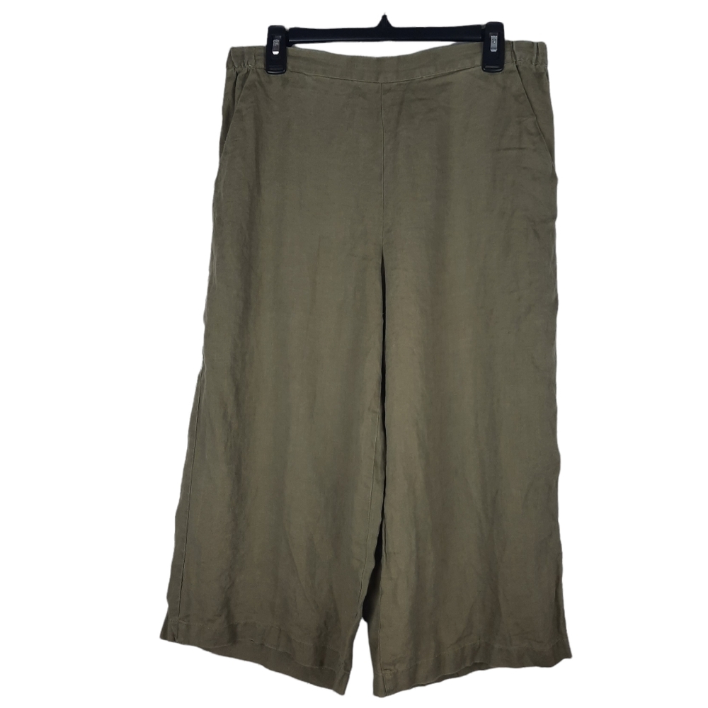 Ellen Tracy Linen Green Pull On Wide Leg Cropped Pants With Pockets